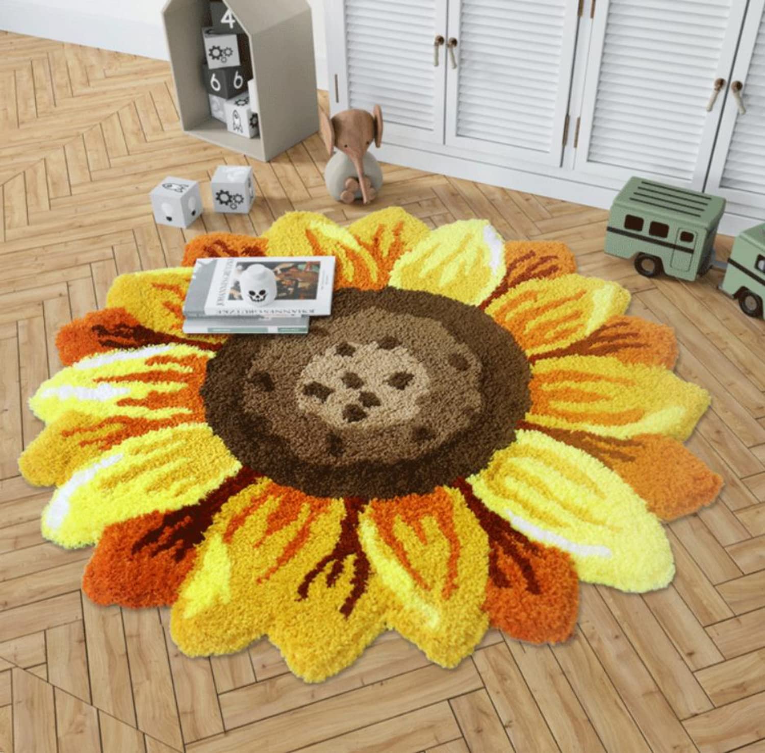 Sunflower Area Rug Golden Ultra Soft and fluffy Sunflower Shaped Rug,Handmade Tufted Round Rug Washable Non-Slip, for Bedroom,Living Room,Kitchen,Bathroom (40x40inches)