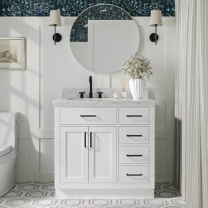 ARIEL Bathroom Vanity 37" White 1.5" Edge Italian Carrara Marble Countertop & Splash, Left Rectangular Sink, 2 Soft Closing Doors, 5 Full Extension Dovetail Drawers, Toe Kick, Matte Black