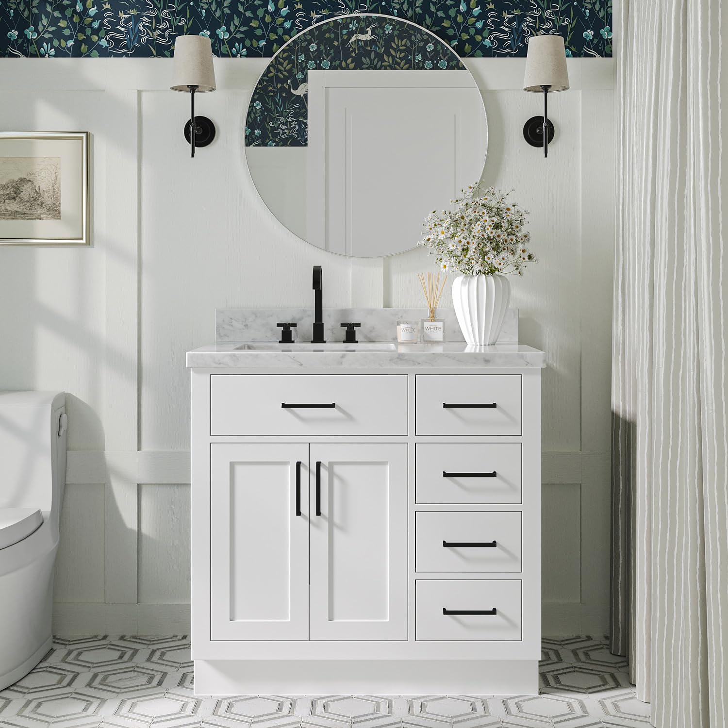 ARIEL Bathroom Vanity 37" White 1.5" Edge Italian Carrara Marble Countertop & Splash, Left Rectangular Sink, 2 Soft Closing Doors, 5 Full Extension Dovetail Drawers, Toe Kick, Matte Black