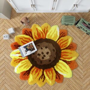 Sunflower Area Rug Golden Ultra Soft and fluffy Sunflower Shaped Rug,Handmade Tufted Round Rug Washable Non-Slip, for Bedroom,Living Room,Kitchen,Bathroom (40x40inches)