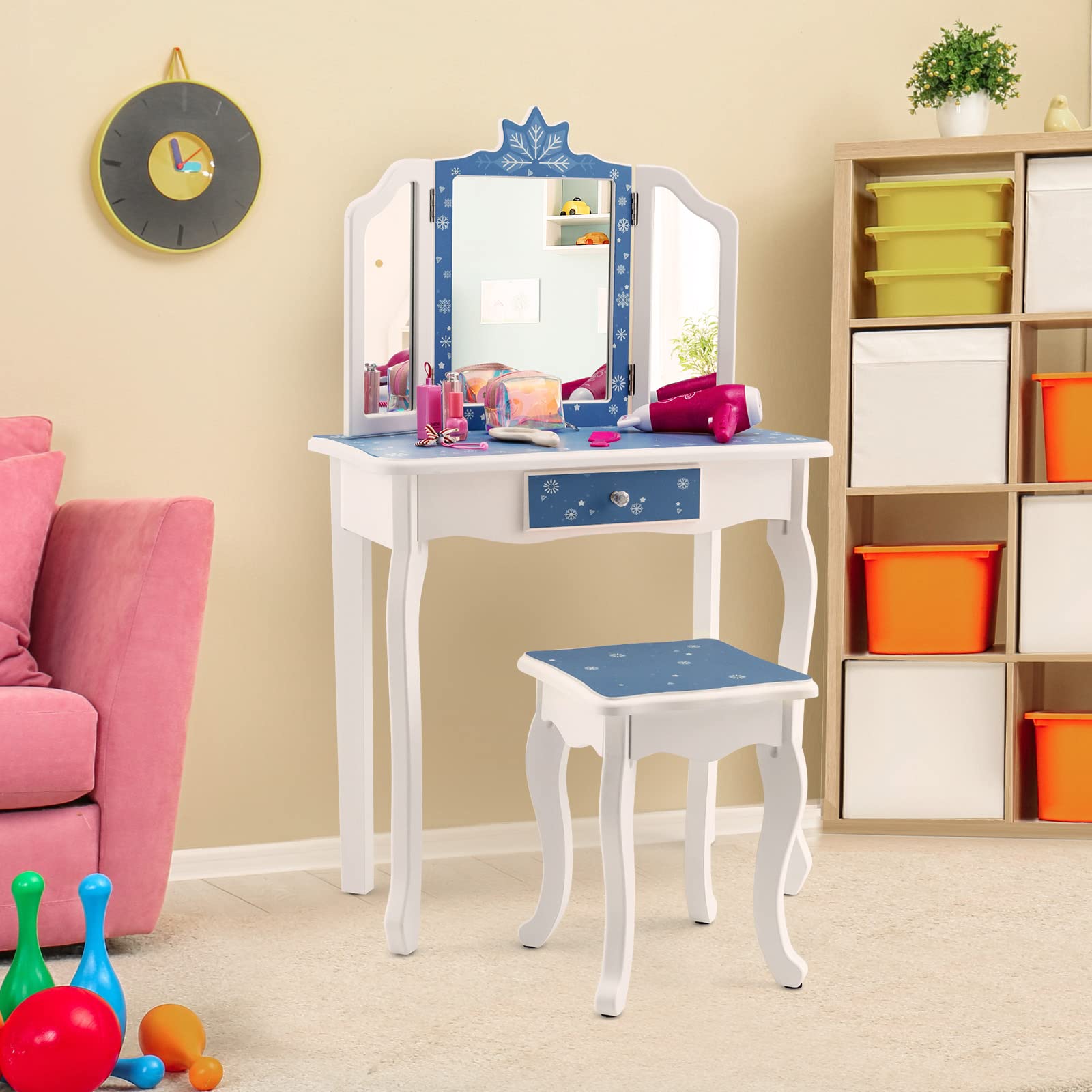 GLACER Kids Vanity, 2-in 1 Makeup Dressing Table w/Detachable Top, Tri-Folding Mirror, Drawer, Stool, Kids Vanity Table and Chair Set, Toddler Vanity, Pink Leopard Print (Blue Snowflake Print)