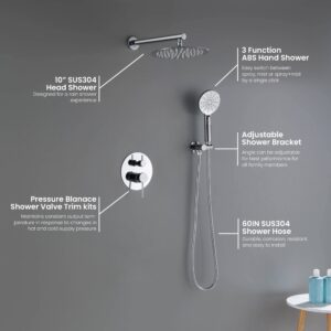 KIBI 2-Function Wall Mounted Circular Bathroom Shower System | Solid Brass Pressure Balanced Shower Faucet Set with High Flow Showerhead and Handheld Spray for Bathroom (Chrome, KSF403)