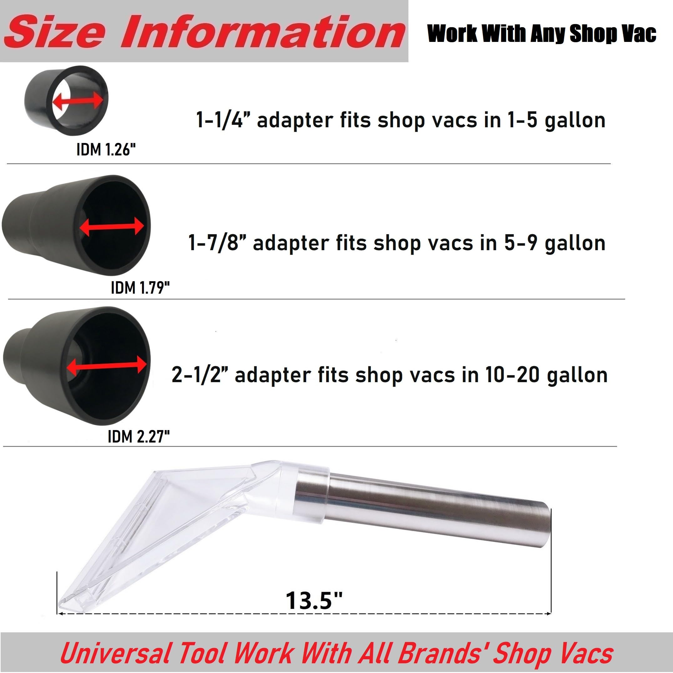 TunaMax Universal Work with All Shop Vacs Clear Extractor Attachment with 1-1/4" & 1-7/8" & 2-1/2" Adapters for Upholstery & Carpet Cleaning & Auto Detailing, Wet/dry Vacuum Extraction Accessory