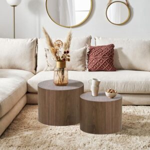 KEVINSPACE Nesting Coffee Table Set of 2, Round Nesting Tables Wooden End Tables for Small Space, Modern Side Tables Set for Living Room, Office, No Need Assembly, Walnut