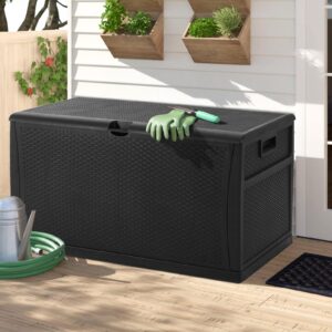 patiomore 120 gallon resin wicker patio storage box, outdoor storage container deck box and gar,(black)