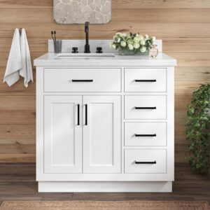 ARIEL Bathroom Vanity 37" White 1.5" Edge Italian Carrara Marble Countertop & Splash, Left Rectangular Sink, 2 Soft Closing Doors, 5 Full Extension Dovetail Drawers, Toe Kick, Matte Black