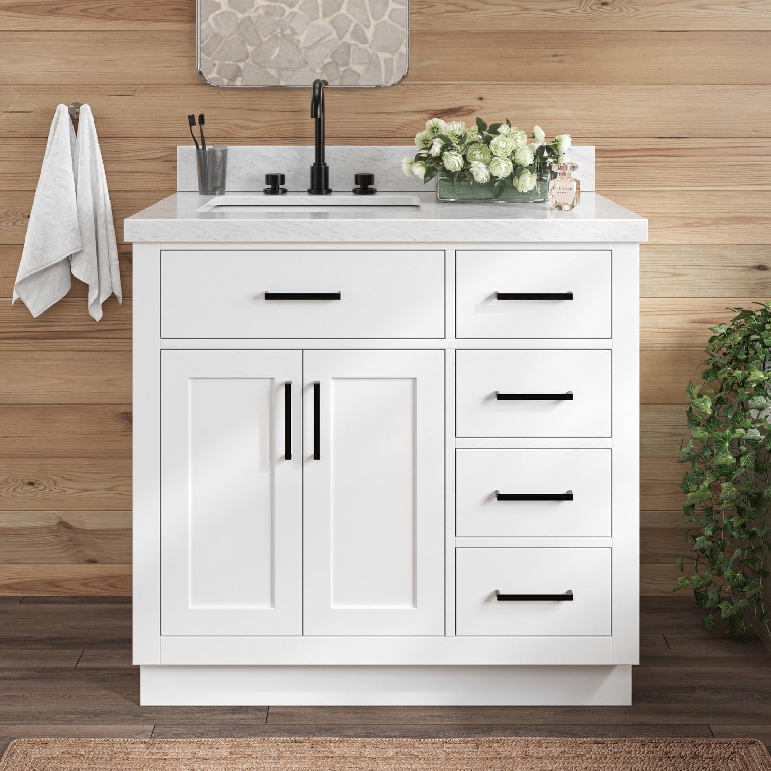 ARIEL Bathroom Vanity 37" White 1.5" Edge Italian Carrara Marble Countertop & Splash, Left Rectangular Sink, 2 Soft Closing Doors, 5 Full Extension Dovetail Drawers, Toe Kick, Matte Black