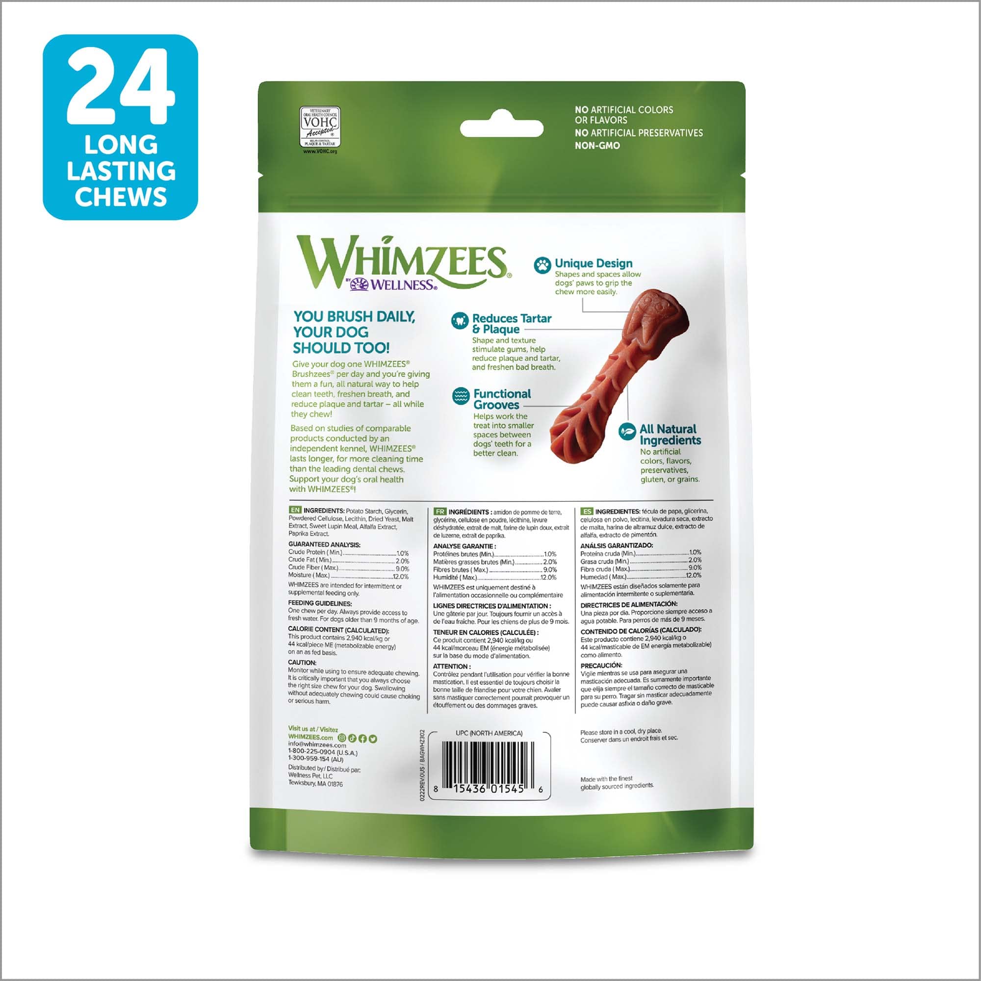 Whimzees by Wellness Brushzees Small + Medium Size Bundle, Natural Dental Chews for Dogs, Grain-Free, 24 Count of Small Size + 12 Count of Medium