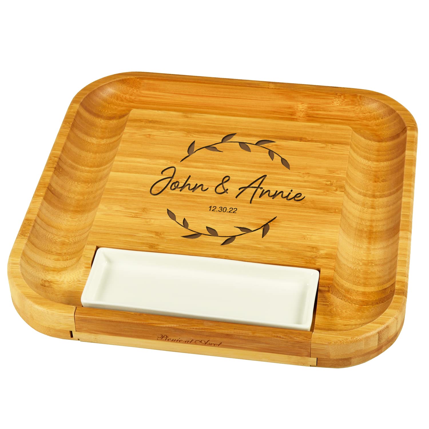 Personalized Engraved Bamboo Cutting Board for Cheese & Charcuterie with Ceramic Dish, Knife Set & Cheese Markers -by Picnic at Ascot USA