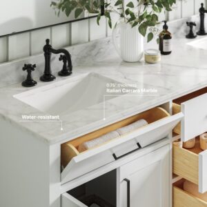 ARIEL Double Bathroom Vanity 73" White, Italian Carrara Marble Countertop & Splash, Rectangular Sinks, 4 Soft Closing Doors, 6 Full Extension Dovetail Drawers, Toe Kick, Matte Black