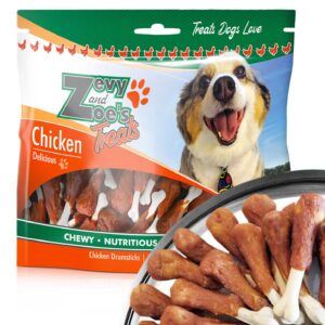 zevy and zoe's all breeds dog treats, 11 oz. training treats, rawhide free chicken sticks wrapped dog chews on a drumstick calcium bone