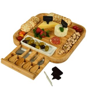 Personalized Engraved Bamboo Cutting Board for Cheese & Charcuterie with Ceramic Dish, Knife Set & Cheese Markers -by Picnic at Ascot USA