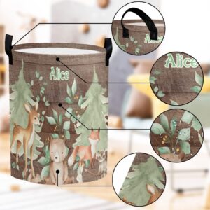 zaaprintblanket Laundry Basket Customized Name Organizer Storage Round Baskets Foldable Laundry Hamper with Handle for Nursery Bedroom Decor (Woodland Tree Animals)