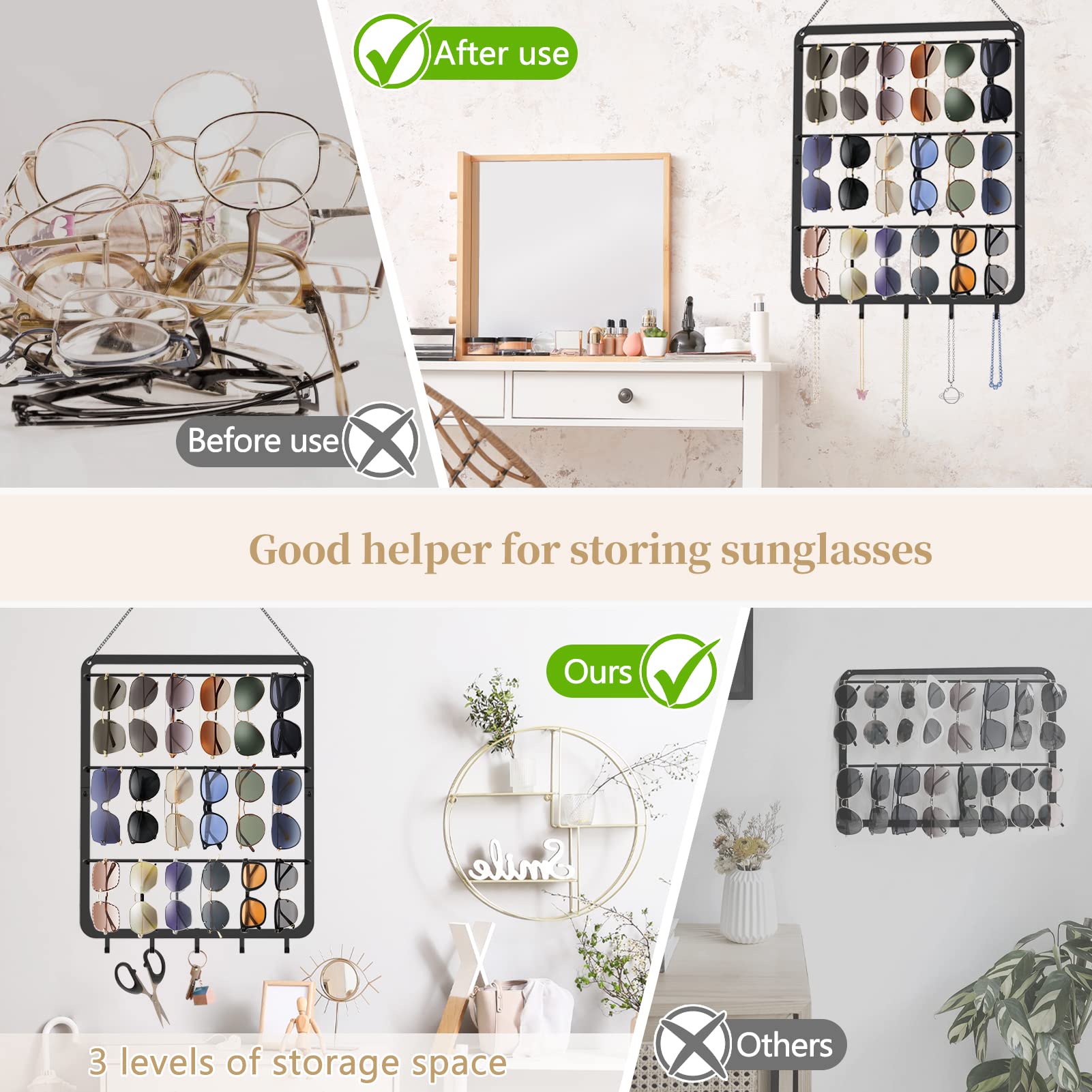 3 Tier Sunglasses Organizer Storage Wall Mounted, GLEDICH Upgraded Hanging Glasses Holder for Wall and Door with 5 Hooks, Metal Eyeglasses Rack Multiple Eyewear Display Hanger - Holds Up to 29 Glasses