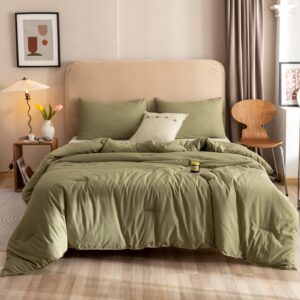 ROSGONIA Comforter Full Size for Girls Boys Teens Olive Green, 3pcs (1 Olive Comforter & 2 Pillowcases), Lightweight Dorm Bedding Blanket Quilts