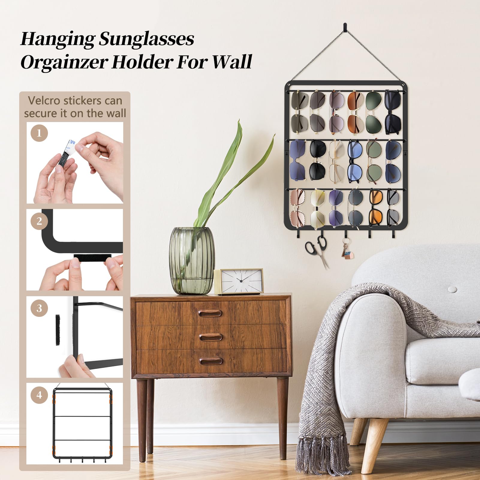 3 Tier Sunglasses Organizer Storage Wall Mounted, GLEDICH Upgraded Hanging Glasses Holder for Wall and Door with 5 Hooks, Metal Eyeglasses Rack Multiple Eyewear Display Hanger - Holds Up to 29 Glasses