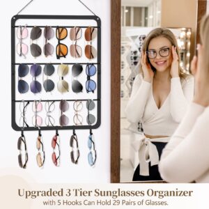 3 Tier Sunglasses Organizer Storage Wall Mounted, GLEDICH Upgraded Hanging Glasses Holder for Wall and Door with 5 Hooks, Metal Eyeglasses Rack Multiple Eyewear Display Hanger - Holds Up to 29 Glasses