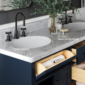 ARIEL Double Vanity 61" Midnight Blue with 1.5" Edge Italian Carrara Marble Countertop & Splash, Oval Sinks, 4 Soft Closing Doors, 6 Full Extension Dovetail Drawers, Toe Kick, Matte Black