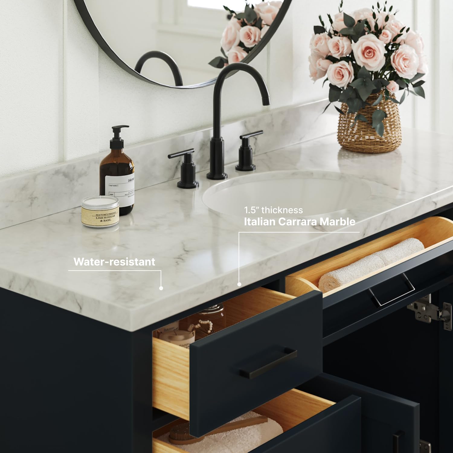 ARIEL Bathroom Vanity 61" Midnight Blue, 1.5" Edge Italian Carrara Marble Countertop & Splash, Oval Sink, 2 Soft Closing Doors, 9 Full Extension Dovetail Drawers, Toe Kick, Matte Black