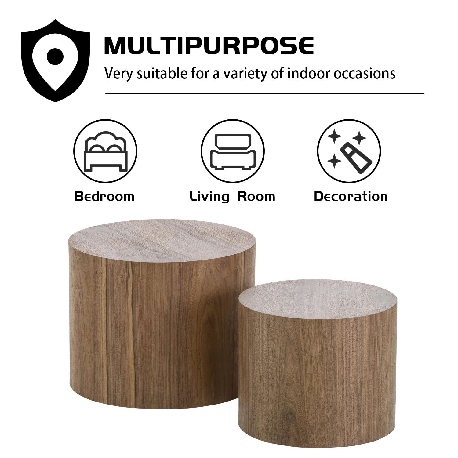 KEVINSPACE Nesting Coffee Table Set of 2, Round Nesting Tables Wooden End Tables for Small Space, Modern Side Tables Set for Living Room, Office, No Need Assembly, Walnut