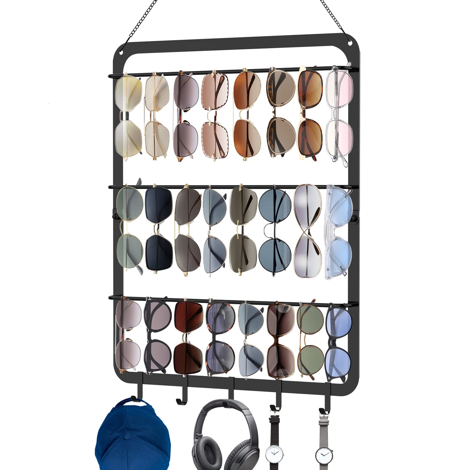 3 Tier Sunglasses Organizer Storage Wall Mounted, GLEDICH Upgraded Hanging Glasses Holder for Wall and Door with 5 Hooks, Metal Eyeglasses Rack Multiple Eyewear Display Hanger - Holds Up to 29 Glasses