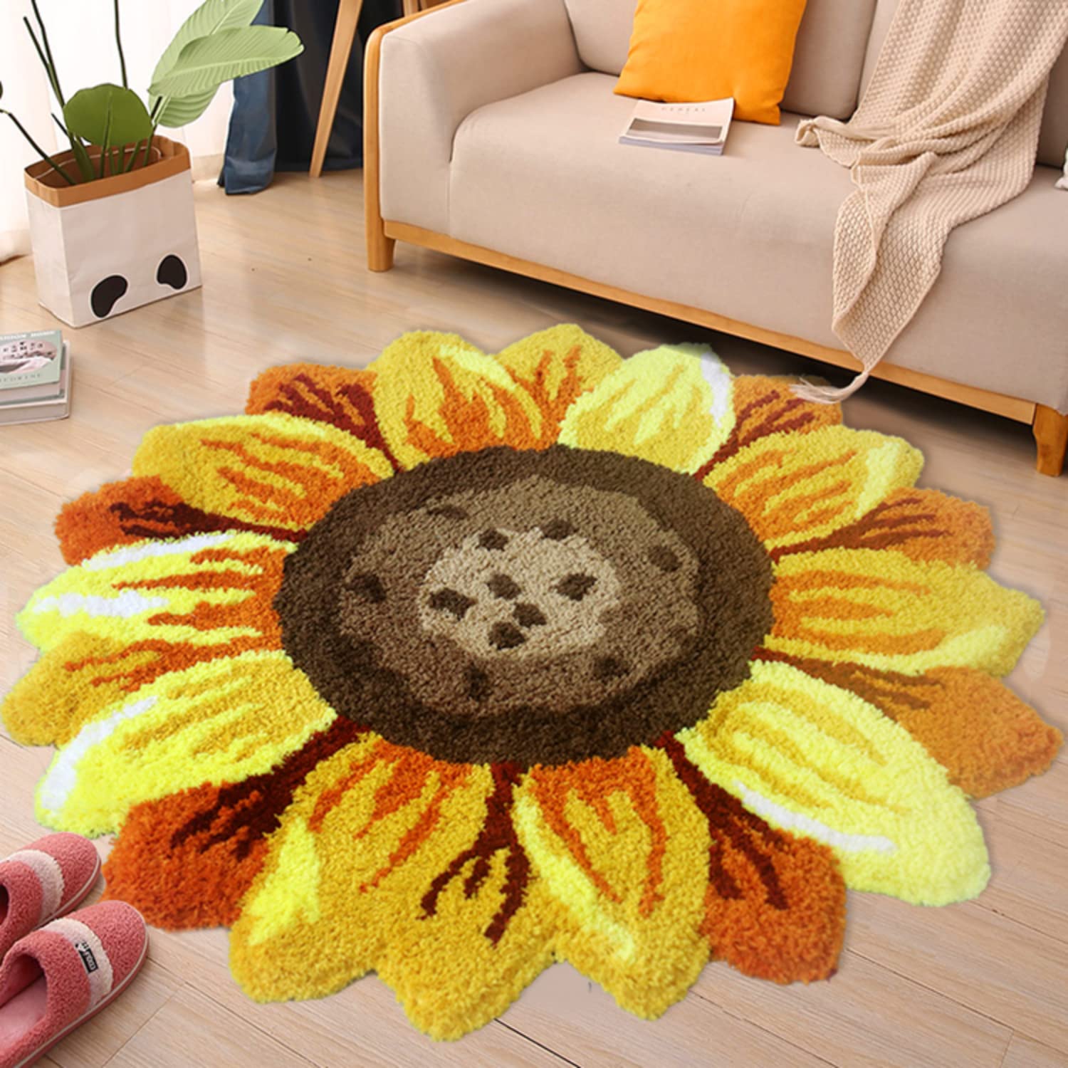 Sunflower Area Rug Golden Ultra Soft and fluffy Sunflower Shaped Rug,Handmade Tufted Round Rug Washable Non-Slip, for Bedroom,Living Room,Kitchen,Bathroom (40x40inches)