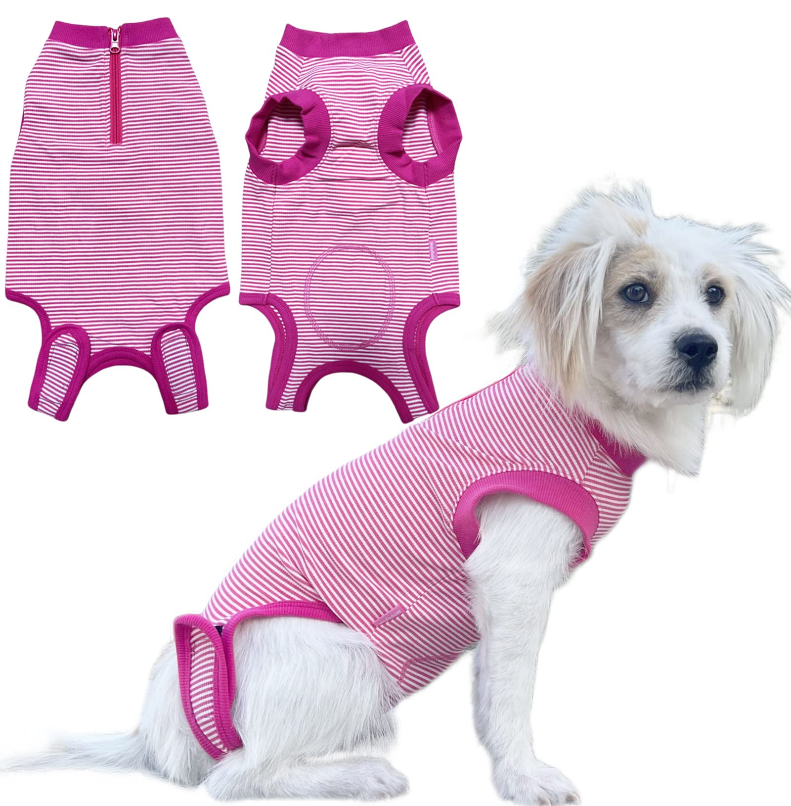 Wabdhally Dog Surgery Recovery Suit,Surgical Suit for Medium Female Spay,Soft Combed Cotton,Rose Striped Zipper Onesie M