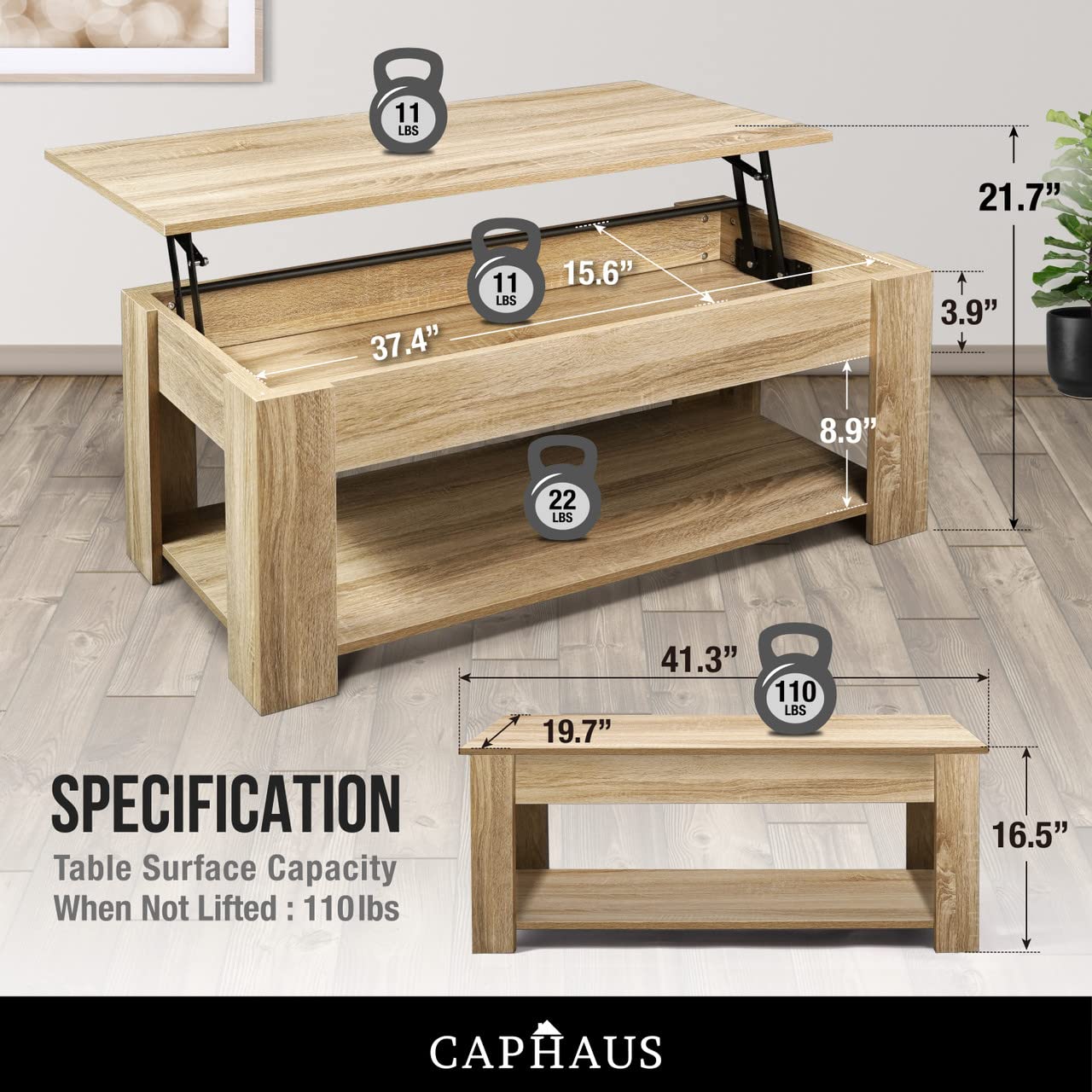 CAPHAUS Lift Top Coffee Table w/Storage, Storage Coffee Table w/Lift Top for Living Room, Rising Tabletop Coffee Table w/Hidden Compartment, Coffee Table w/Bottom Open Shelf, 41" Natural Oak