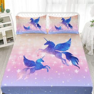 Datura home Bedding Fitted Sheet and Flat Sheet Set 4Pcs Starry Sky Unicorn Printed Bedding Set with 1 Flat Sheet and 1 Fitted Sheet + 2 Pillowcases for Girls (Starry Sky Unicorn Full),Full 81x97 in