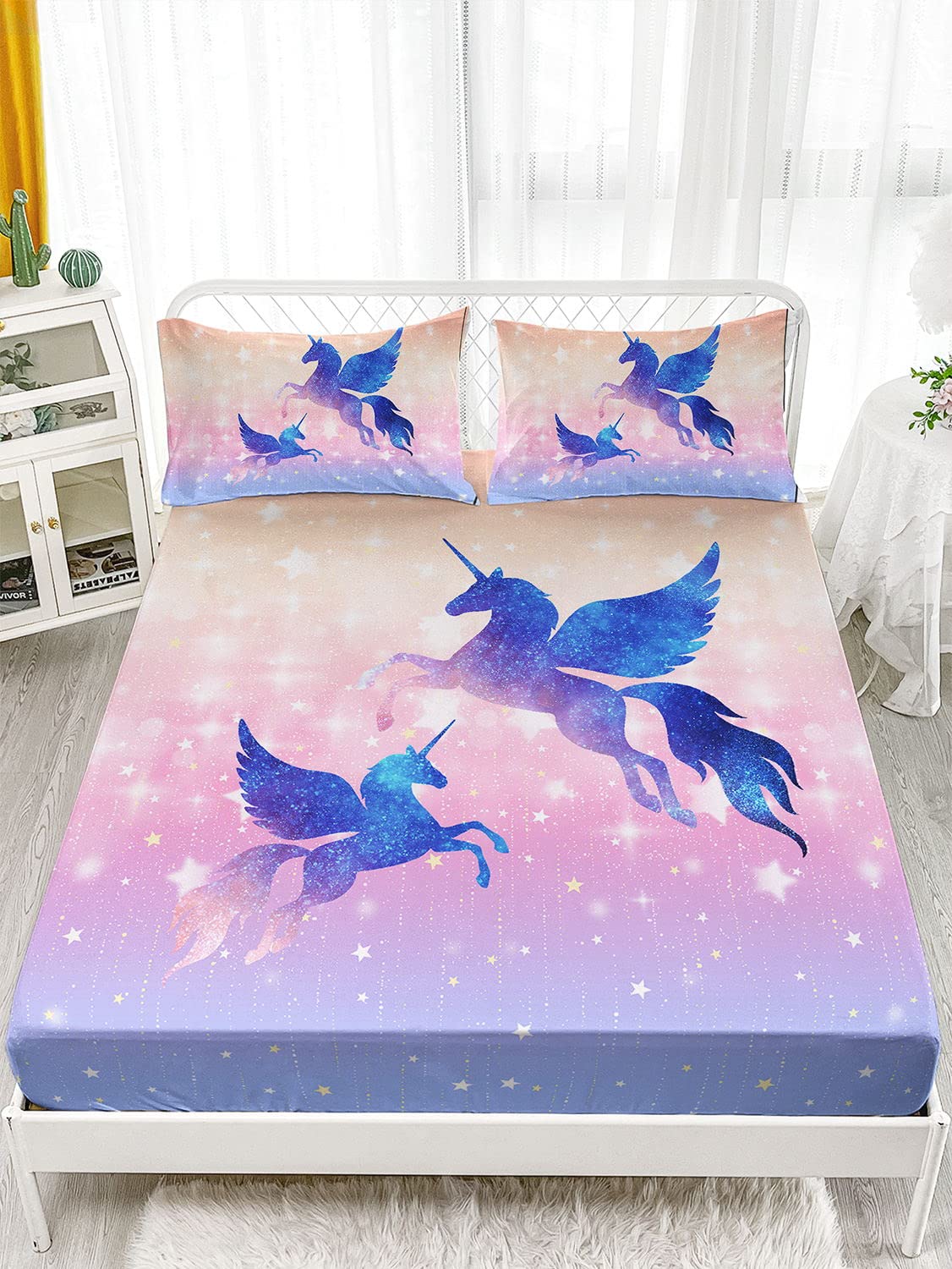 Datura home Bedding Fitted Sheet and Flat Sheet Set 4Pcs Starry Sky Unicorn Printed Bedding Set with 1 Flat Sheet and 1 Fitted Sheet + 2 Pillowcases for Girls (Starry Sky Unicorn Full),Full 81x97 in