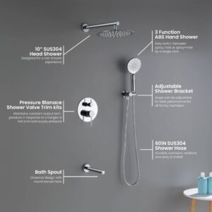 KIBI Circular Bathroom Shower System | 3-Function Wall Mounted Shower Faucet Set with Solid Brass Pressure Balanced Valve | Three Hand Shower Modes | 15-inch Long Shower Arm | Chrome Finish (KSF404)