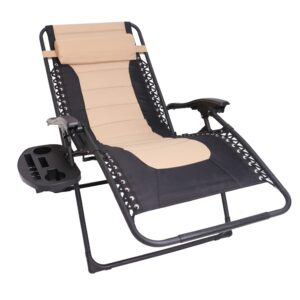 BTEXPERT Oversized Padded Zero Gravity Chair Folding Recliner Chaise Lounge Outdoor Garden Utility XL Anti-Gravity Lounger, Side Tray Cup Holder, Headrest Pillow (Set of 2 Tan Black) (5196-2)