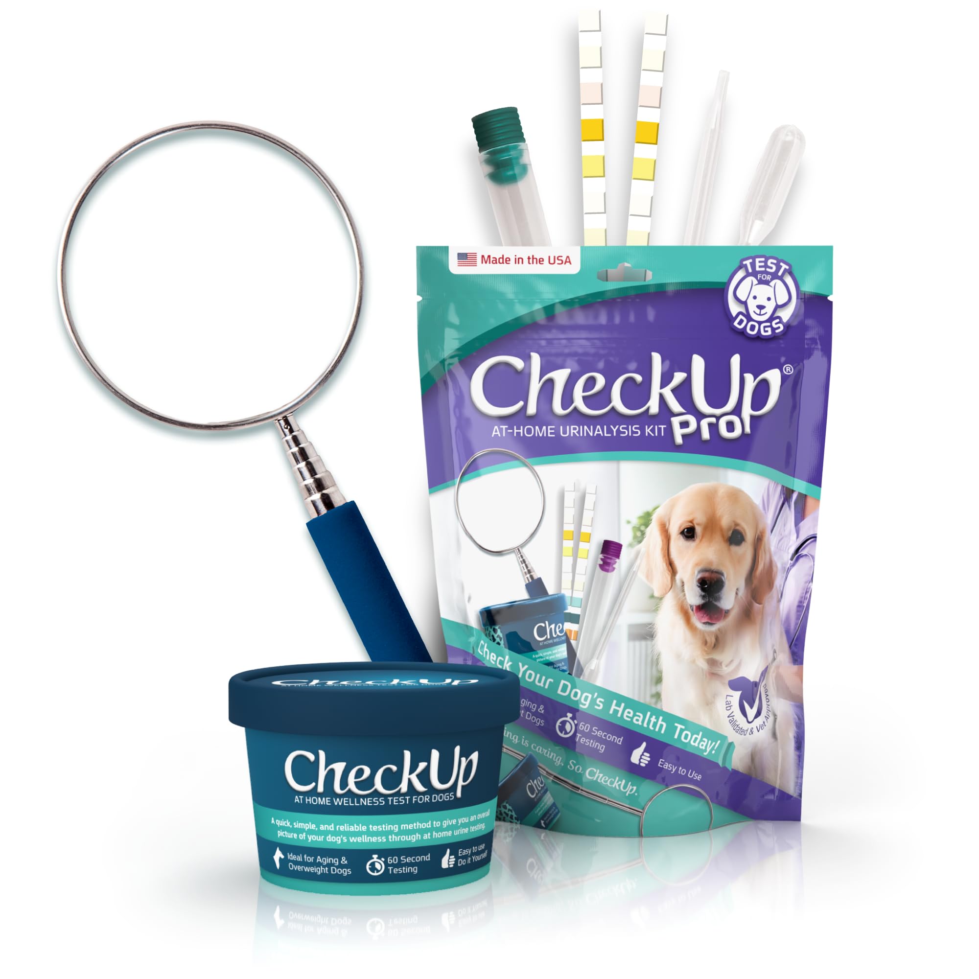 CheckUp Pro at Home Wellness Test for Dogs | Telescopic Pole, Cup, 2 Strips | Early Detection of 10 Health Indicators | pH, Protein, Urobilinogen, Glucose, Bilirubin, Ketone, S-Gravity, Blood in urine