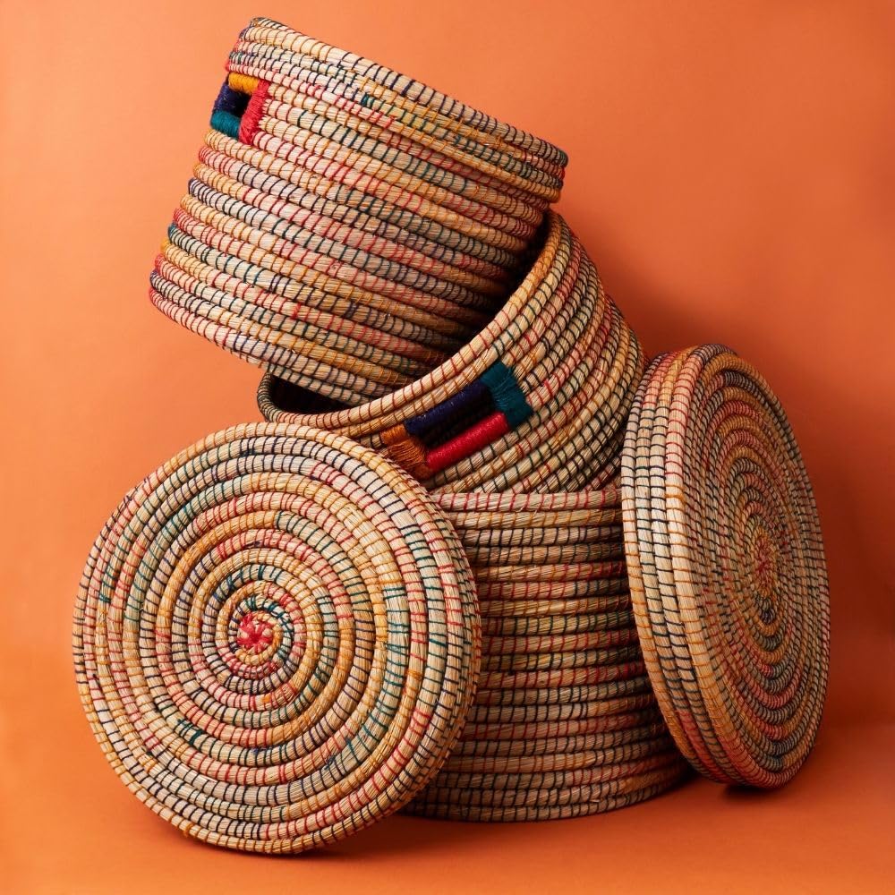 Large Storage Rainbow Jute Grass Lid Basket (Set of 3)