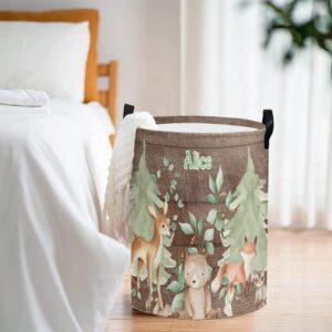 zaaprintblanket Laundry Basket Customized Name Organizer Storage Round Baskets Foldable Laundry Hamper with Handle for Nursery Bedroom Decor (Woodland Tree Animals)