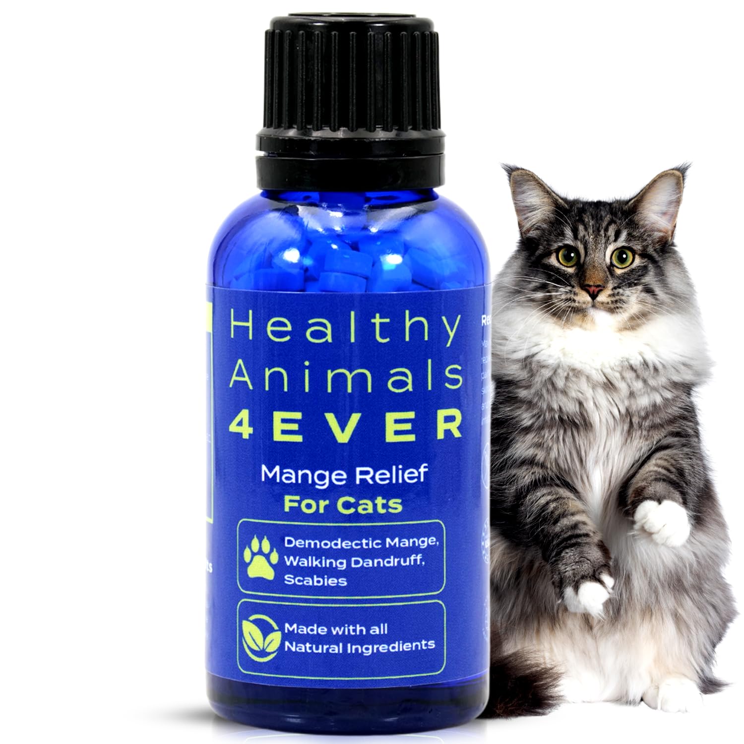 HealthyAnimals4Ever Mange Relief for Cats - Treatment for Itchiness, Scabs, & Hair Loss Caused by Mites - All-Natural, Homeopathic, Non-GMO, Organic - Gluten, Preservative & Chemical Free - 300 ct