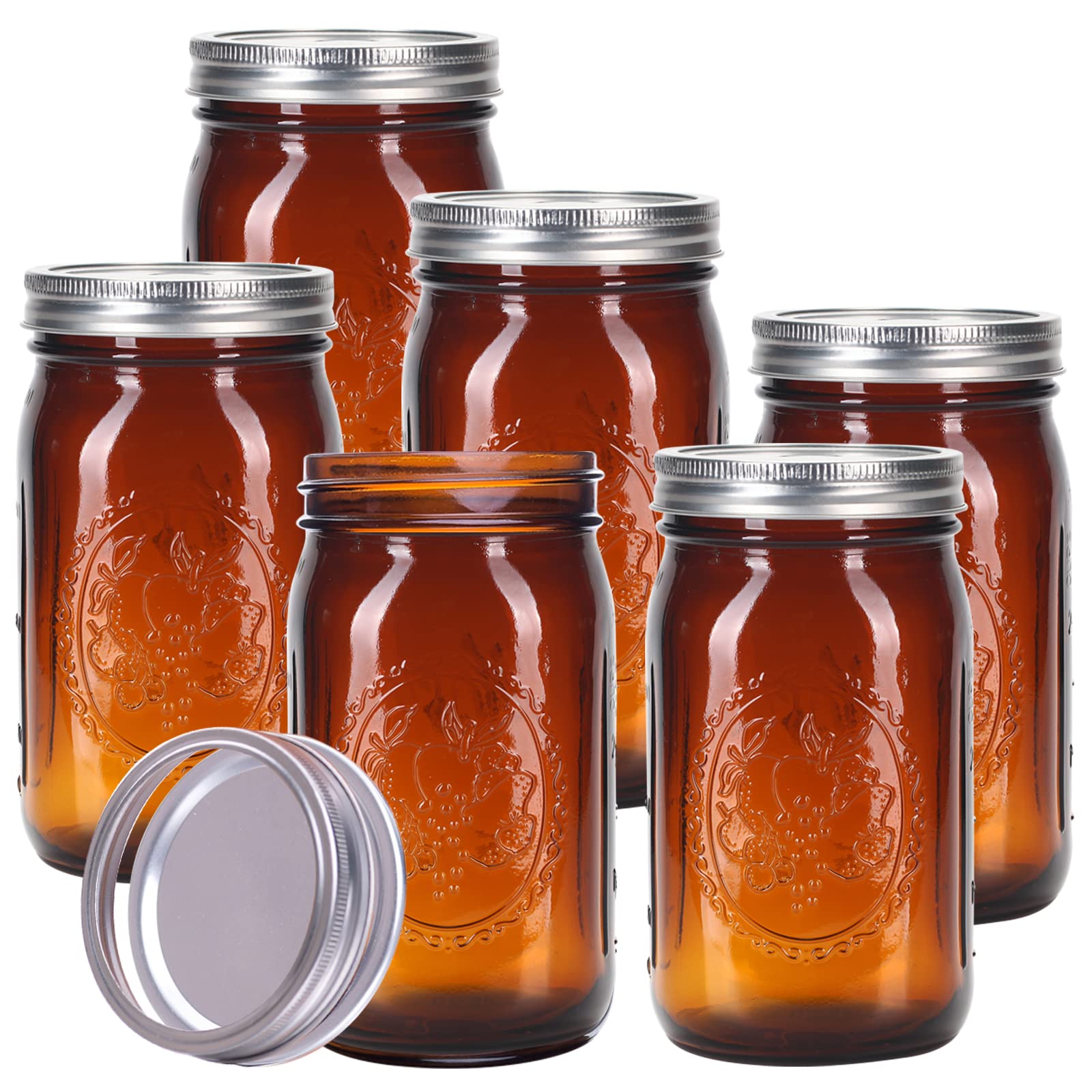 eleganttime Amber Glass Mason Jars 32 oz Wide Mouth 6 Pack,Amber Quart Canning Jars with Airtight Lids and Bands for for Canning, Freezing, Fermenting,Preserving, Beverages & Jar Decor