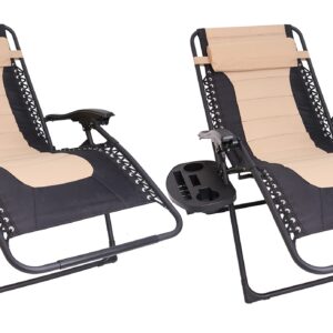 BTEXPERT Oversized Padded Zero Gravity Chair Folding Recliner Chaise Lounge Outdoor Garden Utility XL Anti-Gravity Lounger, Side Tray Cup Holder, Headrest Pillow (Set of 2 Tan Black) (5196-2)