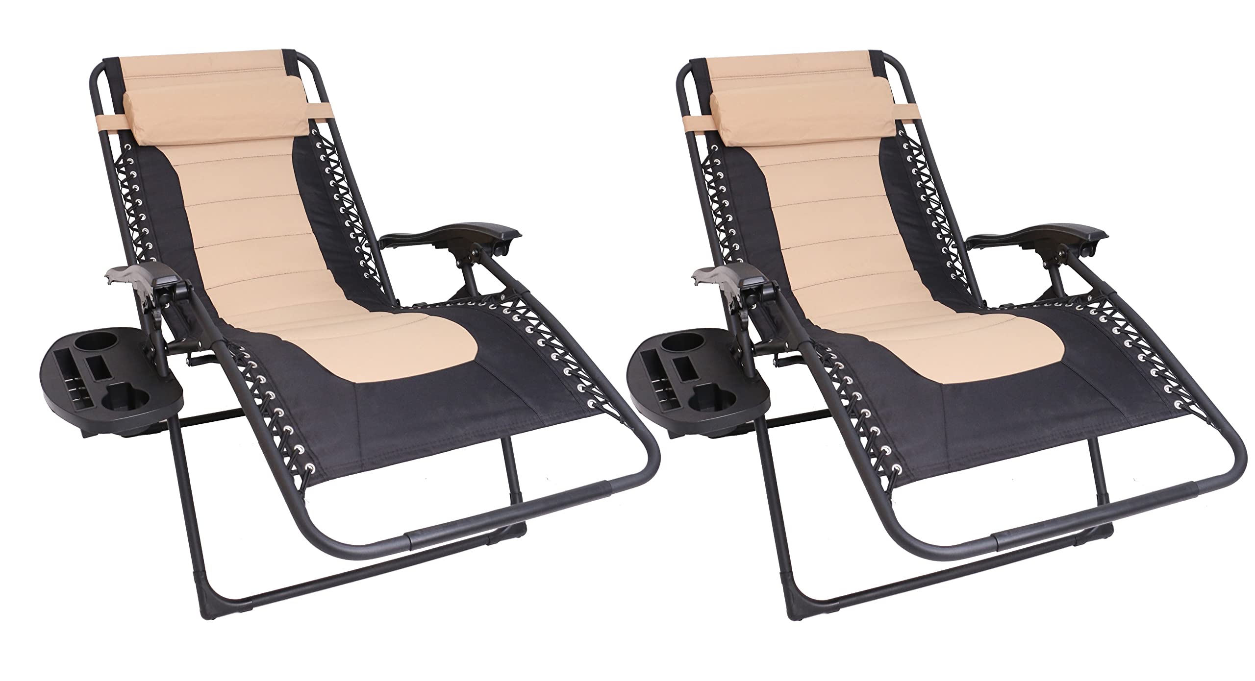 BTEXPERT Oversized Padded Zero Gravity Chair Folding Recliner Chaise Lounge Outdoor Garden Utility XL Anti-Gravity Lounger, Side Tray Cup Holder, Headrest Pillow (Set of 2 Tan Black) (5196-2)