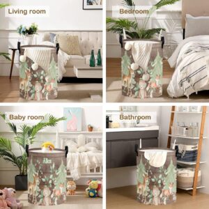 zaaprintblanket Laundry Basket Customized Name Organizer Storage Round Baskets Foldable Laundry Hamper with Handle for Nursery Bedroom Decor (Woodland Tree Animals)