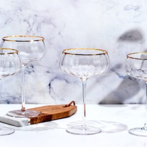 Lysenn Vintage Coupe Glasses Set of 4 - Hand Blown Gold Rim Martini Glasses - for Your Next Cocktail & Champagne Party - 9fl oz