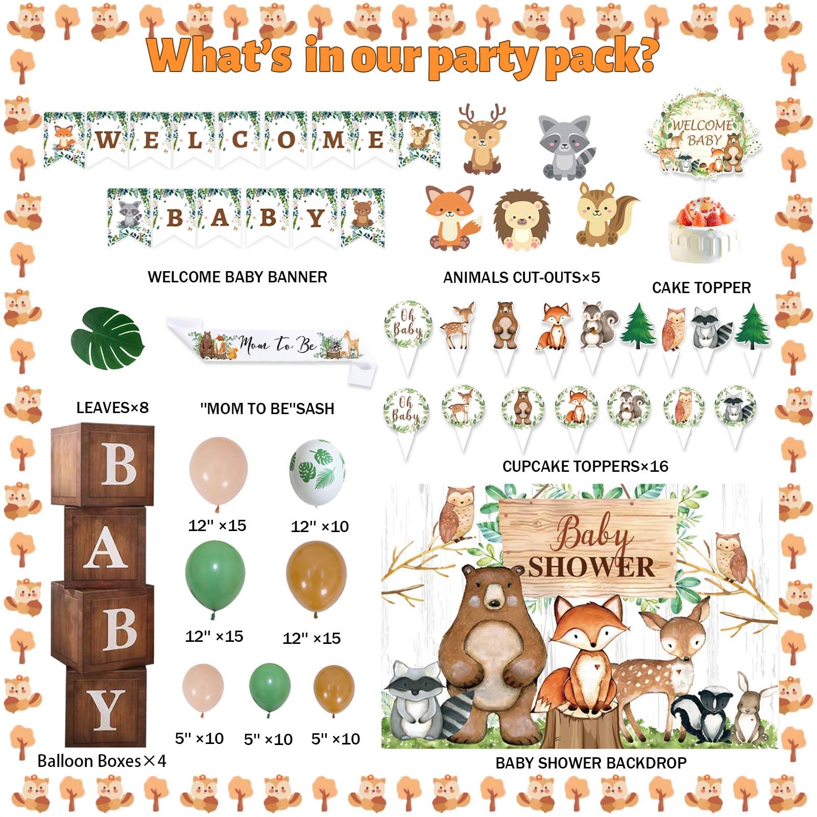 Hombae Woodland Baby Shower Decorations, Baby Shower Decorations for Boy, Forest Animal Gender Neutral Baby Shower Decorations Backdrop Balloon Leaf Banner Box Cutout Cake Cupcake Topper Sash Brown