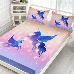 Datura home Bedding Fitted Sheet and Flat Sheet Set 4Pcs Starry Sky Unicorn Printed Bedding Set with 1 Flat Sheet and 1 Fitted Sheet + 2 Pillowcases for Girls (Starry Sky Unicorn Full),Full 81x97 in