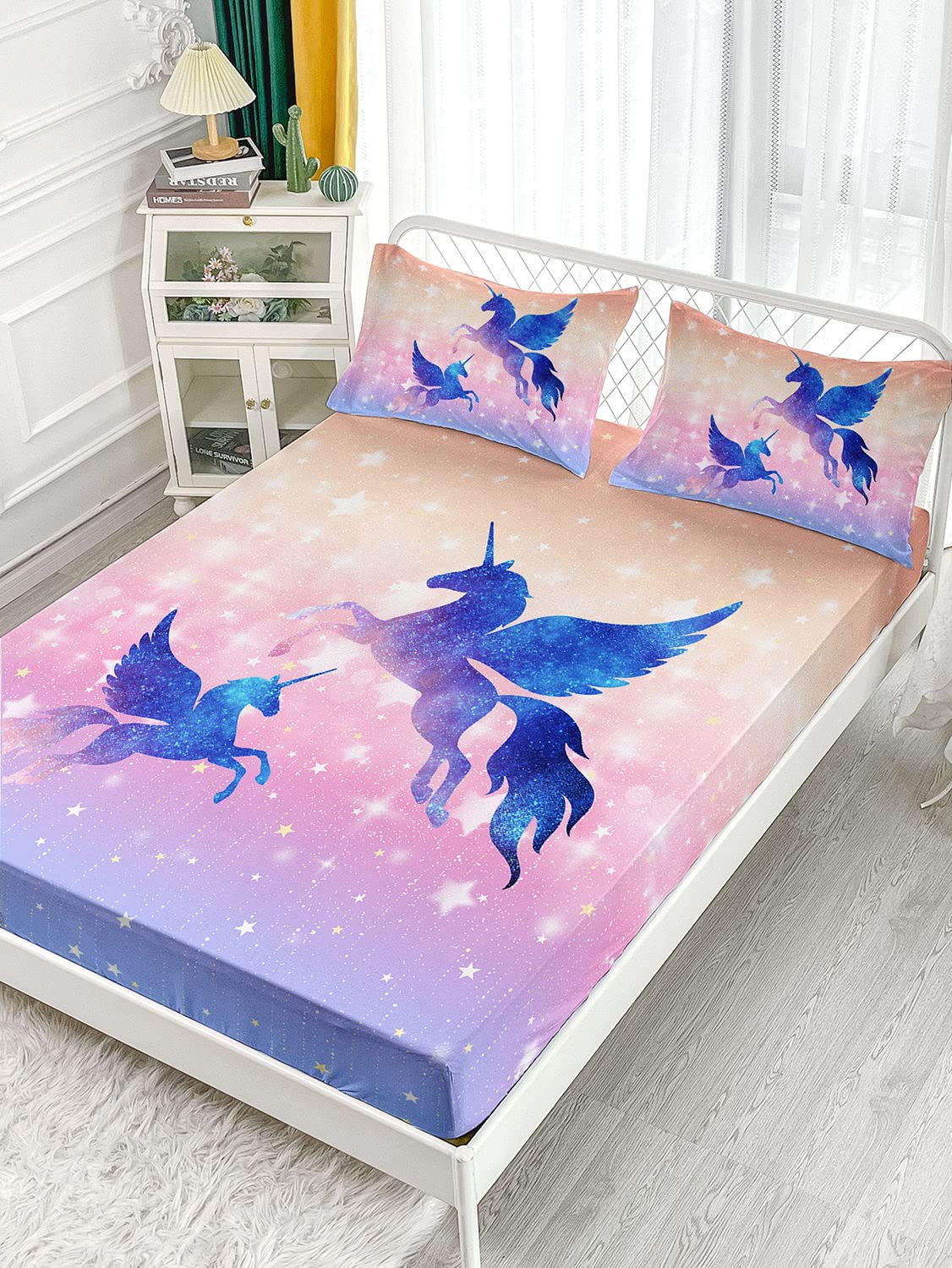 Datura home Bedding Fitted Sheet and Flat Sheet Set 4Pcs Starry Sky Unicorn Printed Bedding Set with 1 Flat Sheet and 1 Fitted Sheet + 2 Pillowcases for Girls (Starry Sky Unicorn Full),Full 81x97 in