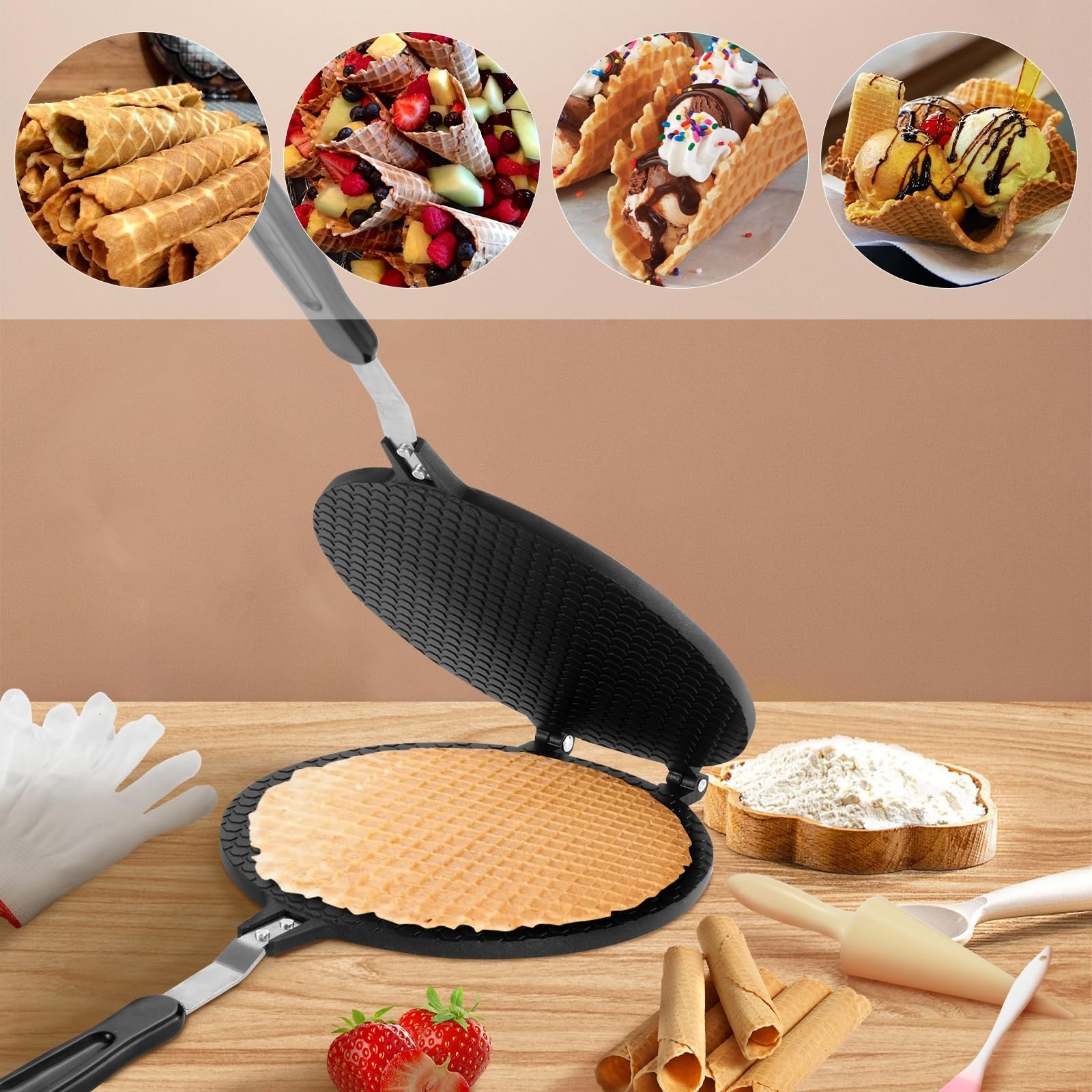 Dyna-Living Waffle Cone Maker Non-stick Ice Cream Cone Maker 8.66 inches Ice Cream Waffle Cone Maker Aluminum Egg Roll Mold Waffle Bowl Machine for Making Crispy Egg Rolls