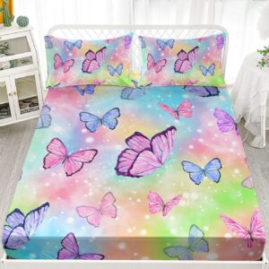 Datura home Bedding Fitted Sheet and Flat Sheet Set 4Pcs Colorful Rainbow Butterfly Printed Bedding Set with 1 Flat Sheet and 1 Fitted Sheet+2 Pillowcases for Girls (Rainbow Butterfly),Twin 67x97inch