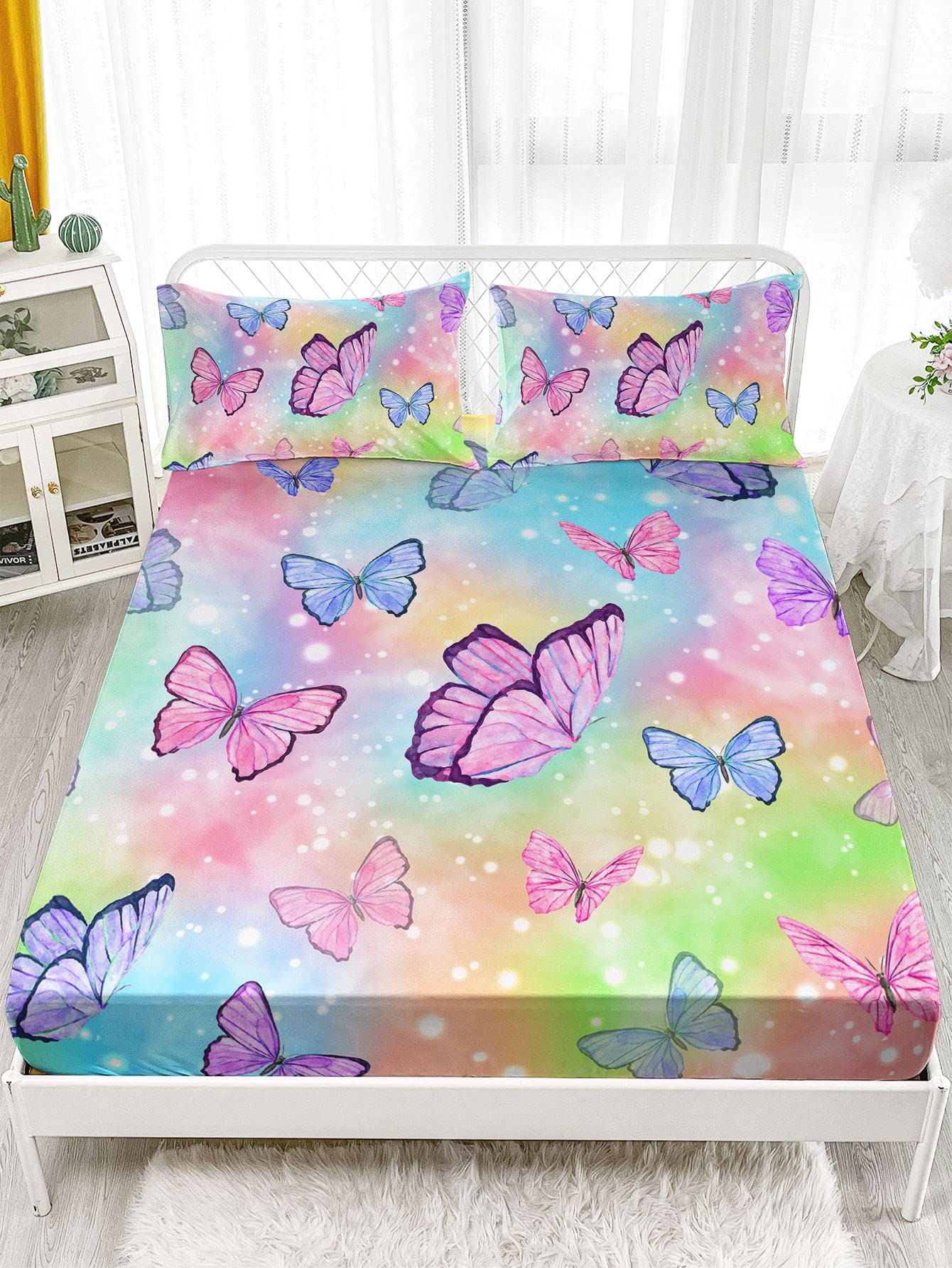 Datura home Bedding Fitted Sheet and Flat Sheet Set 4Pcs Colorful Rainbow Butterfly Printed Bedding Set with 1 Flat Sheet and 1 Fitted Sheet+2 Pillowcases for Girls (Rainbow Butterfly),Twin 67x97inch