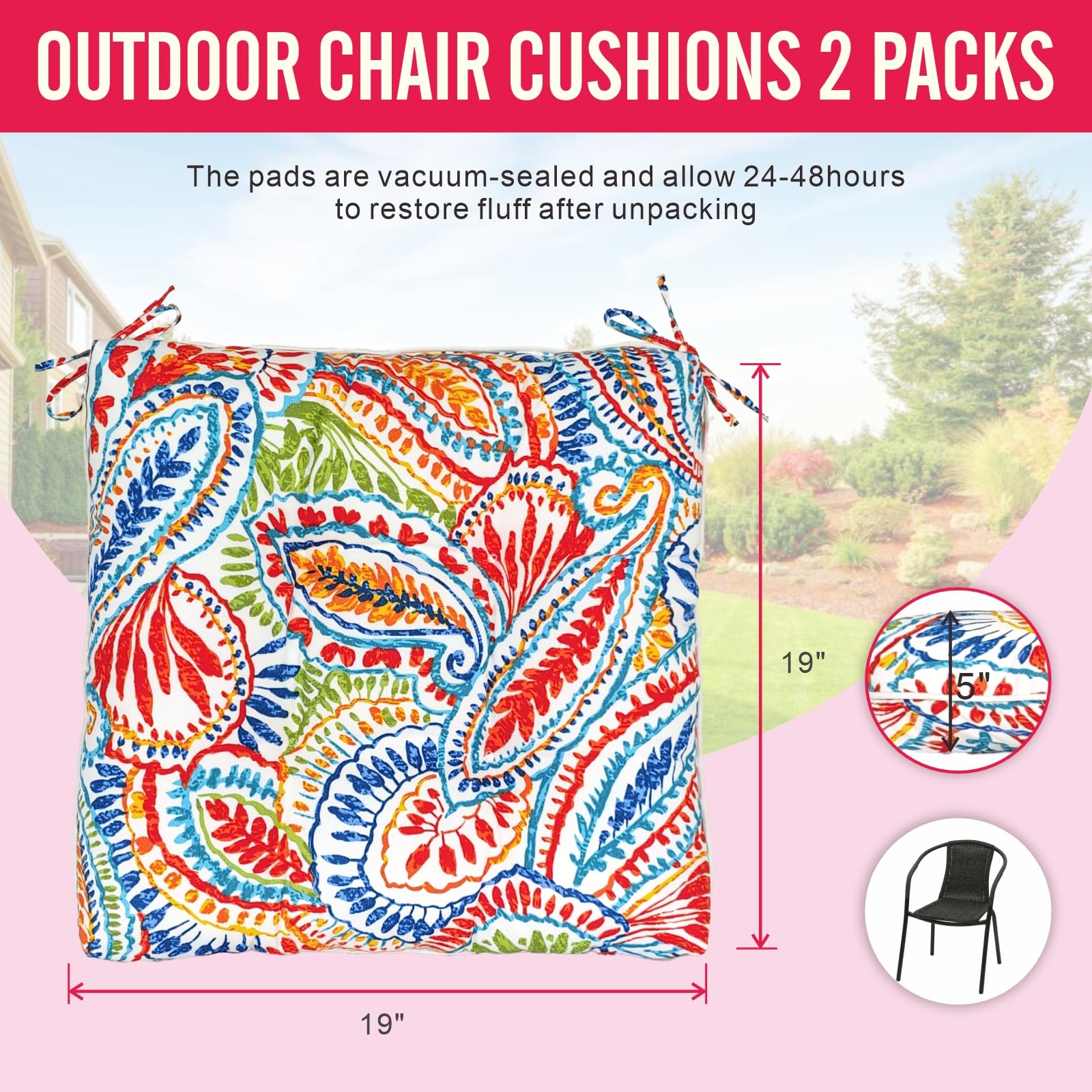 JMGBird Outdoor Chair Cushion Set of 2 Patio Cushions 19x19 with Ties Outdoor Cushions for Patio Furniture