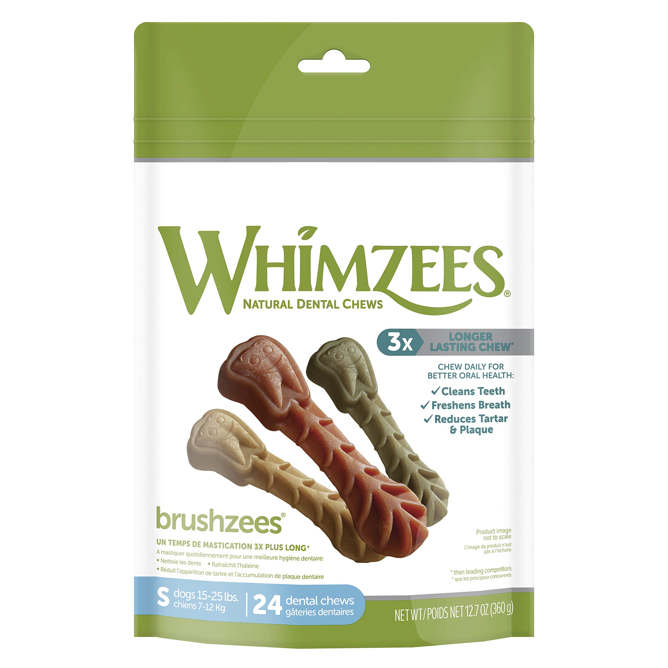 Whimzees by Wellness Brushzees Small + Medium Size Bundle, Natural Dental Chews for Dogs, Grain-Free, 24 Count of Small Size + 12 Count of Medium