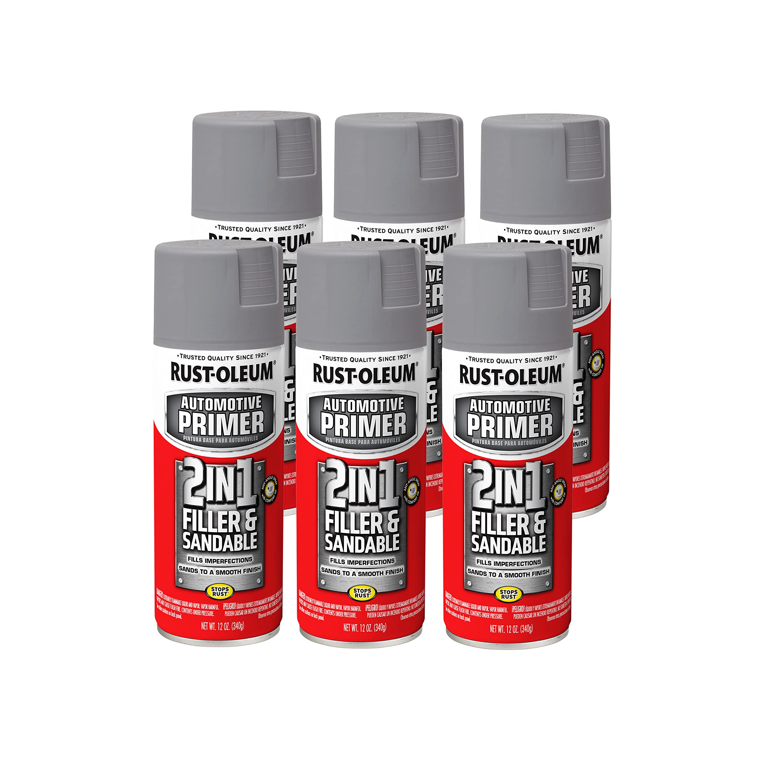 Rust-Oleum 260510-6PK Automotive 2-in-1 Filler & Sandable Primer Spray, Gray, 12 oz (Pack of 6)